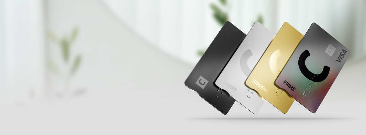 Four C cards (C Infinite, C smart, C supreme, C prime) on a light background, highlighting their design and colors.