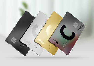 Four C cards (C Infinite, C smart, C supreme, C prime) on a light background, highlighting their design and colors.